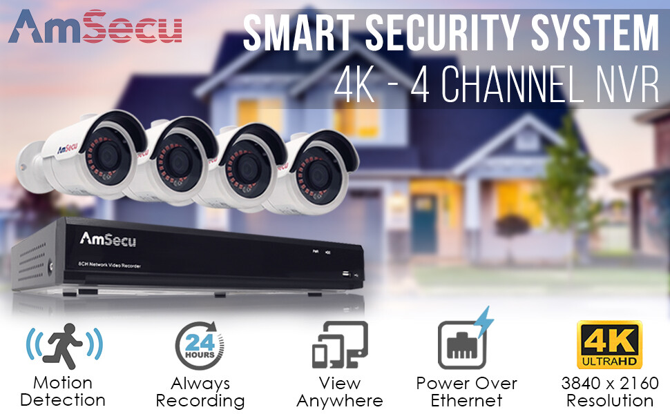 AmSecu 4K 4CH Smart Security Camera System w/ 4 x 4K 8MP 3.6mm Bullet Cameras