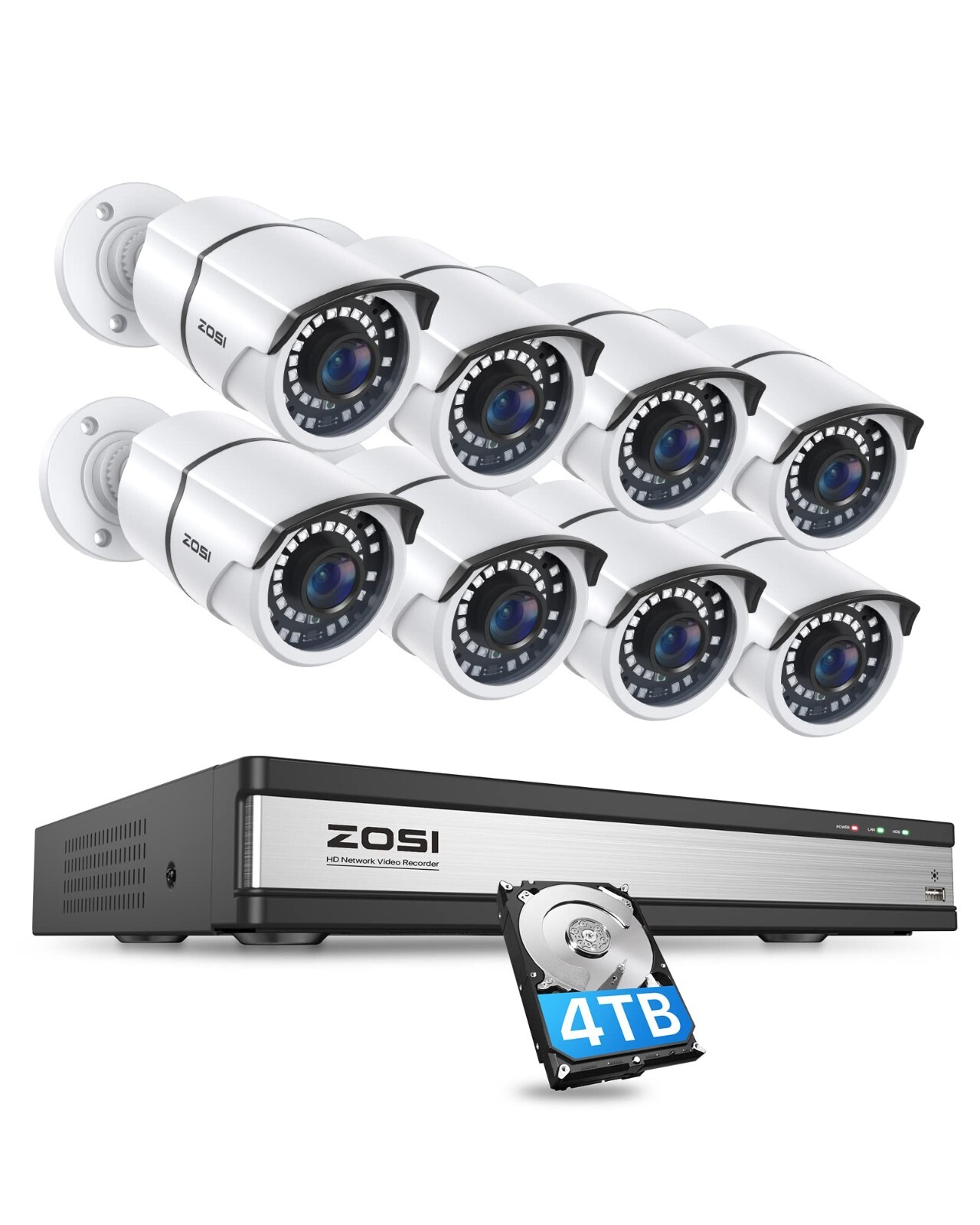 ZOSI 16CH H.265+ 4K NVR 5MP PoE Security 24/7 Recording Camera System 4TB HDD