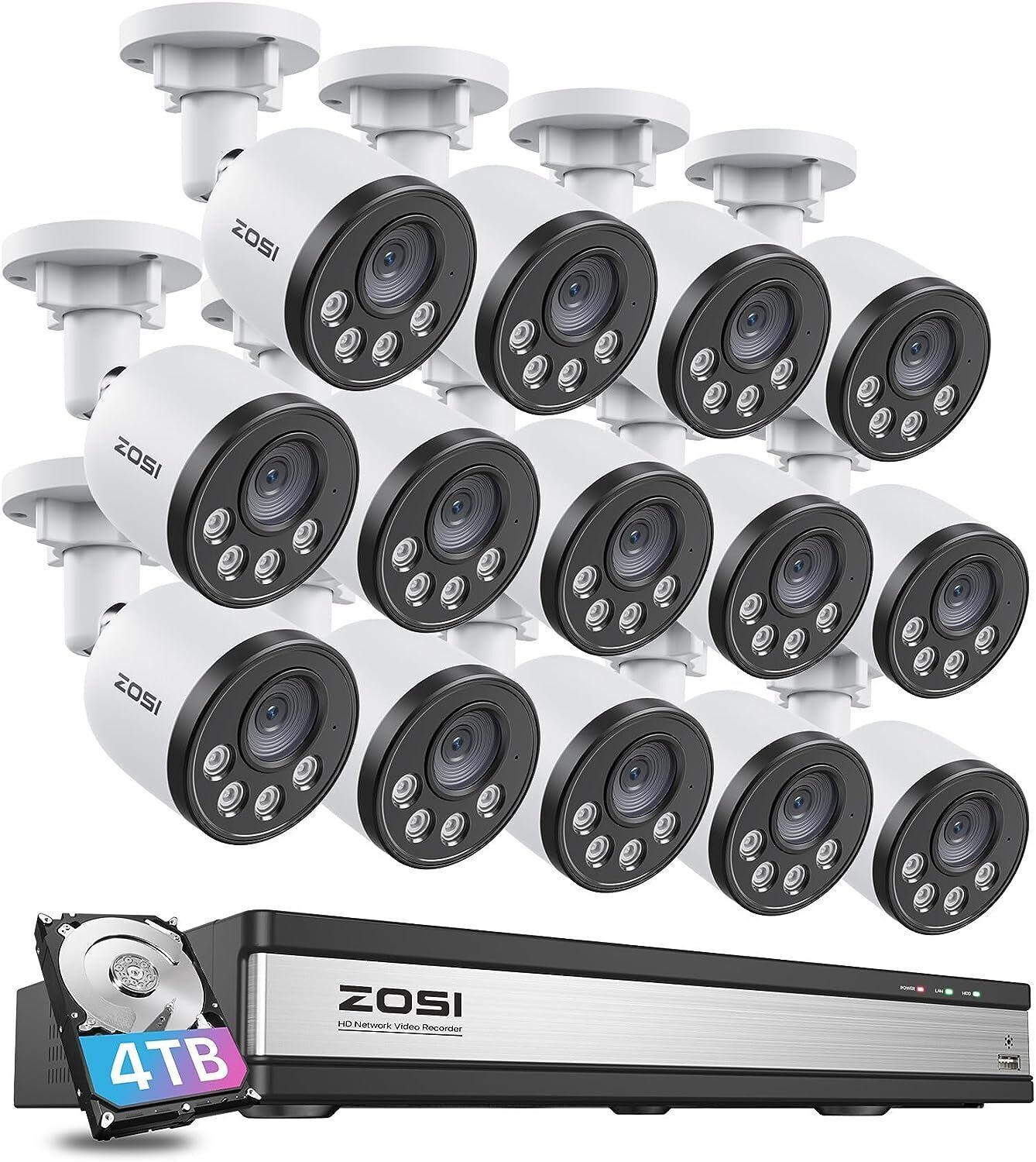 ZOSI 16CH NVR 4MP PoE Security Camera System 4TB Audio Night Vision Human Detect
