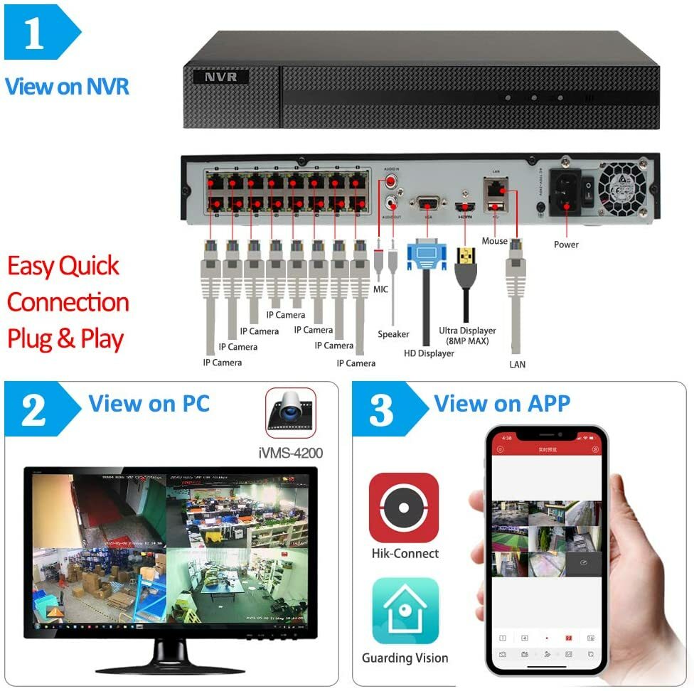 4TB 4K 16CH IP POE Security Camera System 4TB HDD Surveillance Camera NVR
