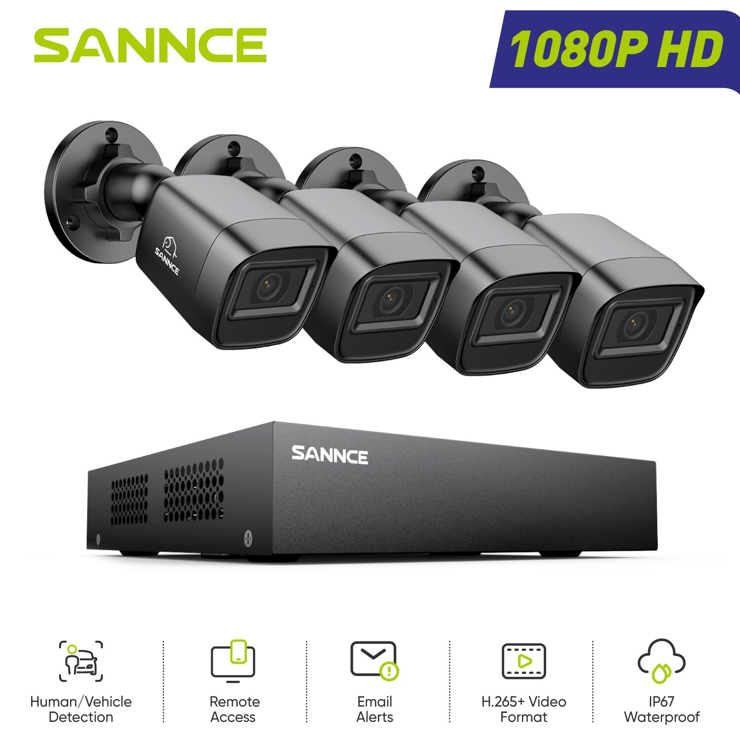 SANNCE 8CH DVR Outdoor 1080P CCTV Security Camera System Human Detection H.265+