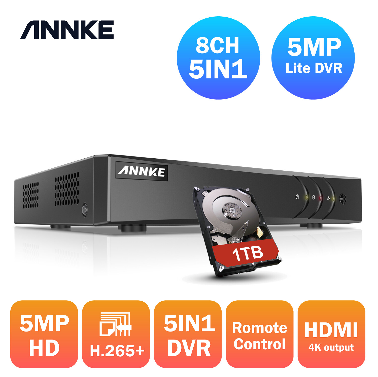 ANNKE 5MP Lite 8CH DVR 5in1 Video Recorder 1TB DVR Home Security Camera System