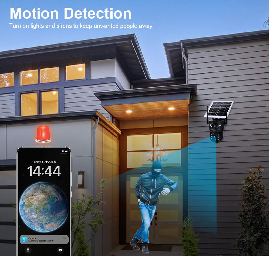 6MP Solar Dual Lens Wireless Security Camera Outdoor WiFi Cam With 128GB SD Card