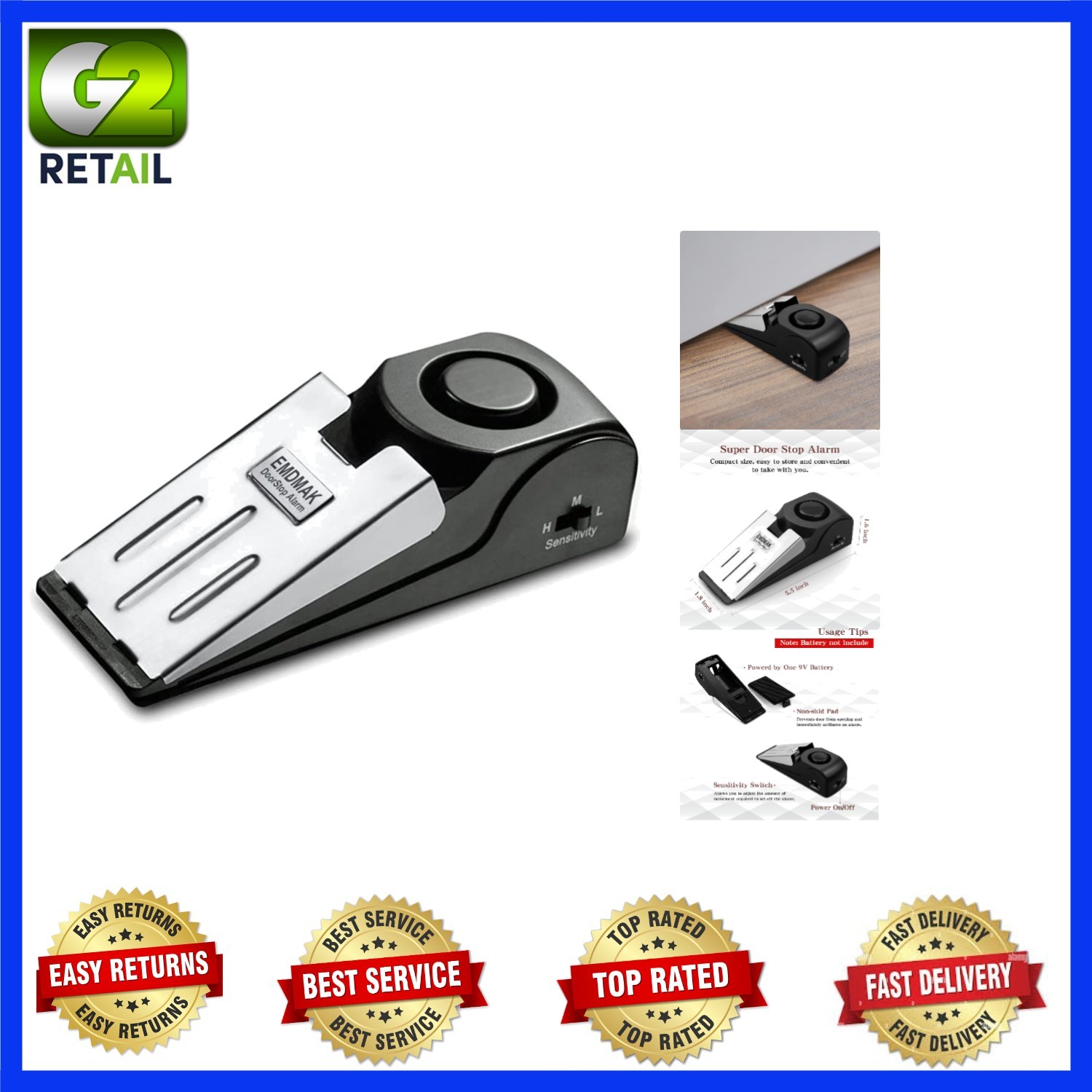 Compact Dual-Function Door Stop Alarm with 120DB Siren – Convenient Safety