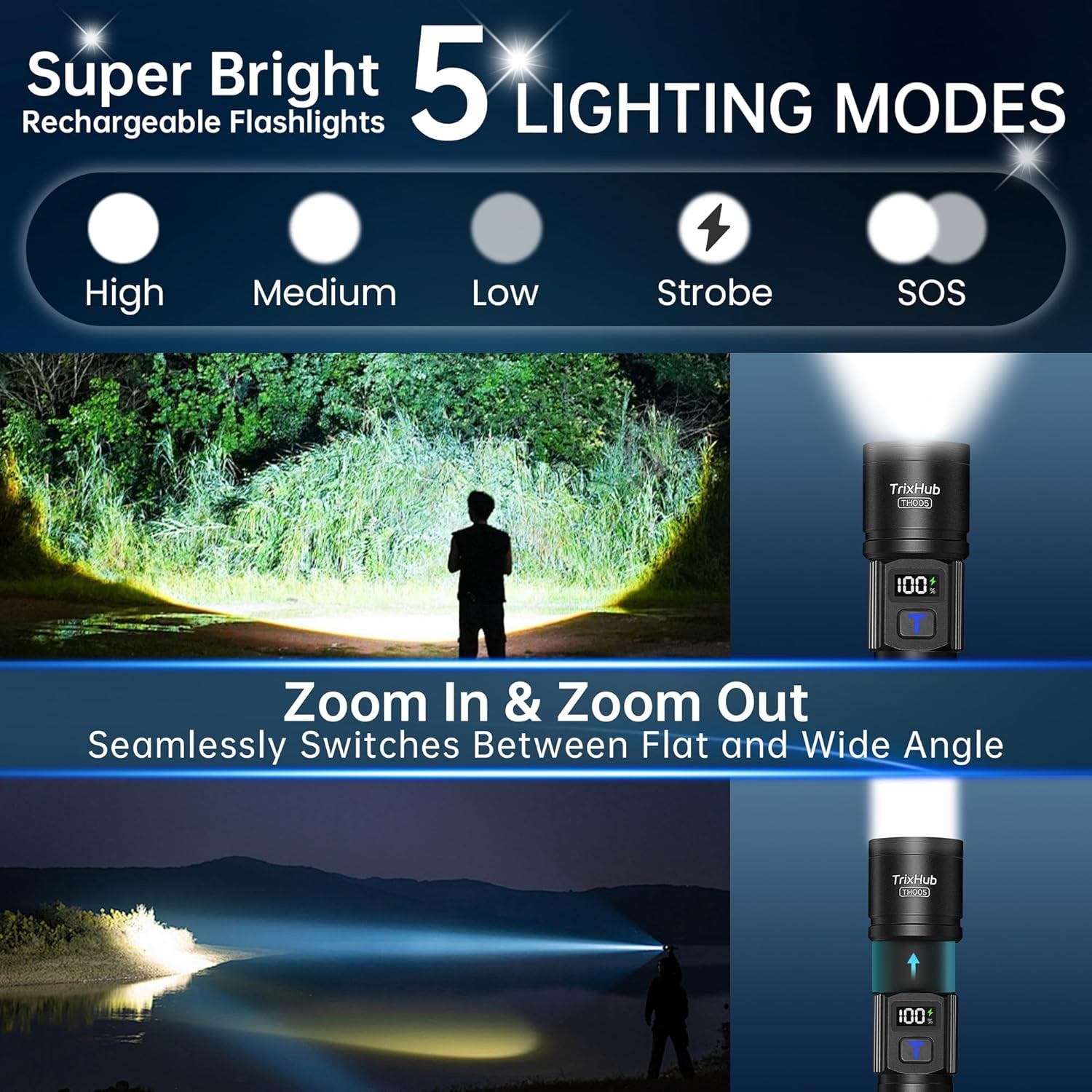 TrixHub Rechargeable LED Flashlights 2 Pack High Lumens Zoomable LCD Display