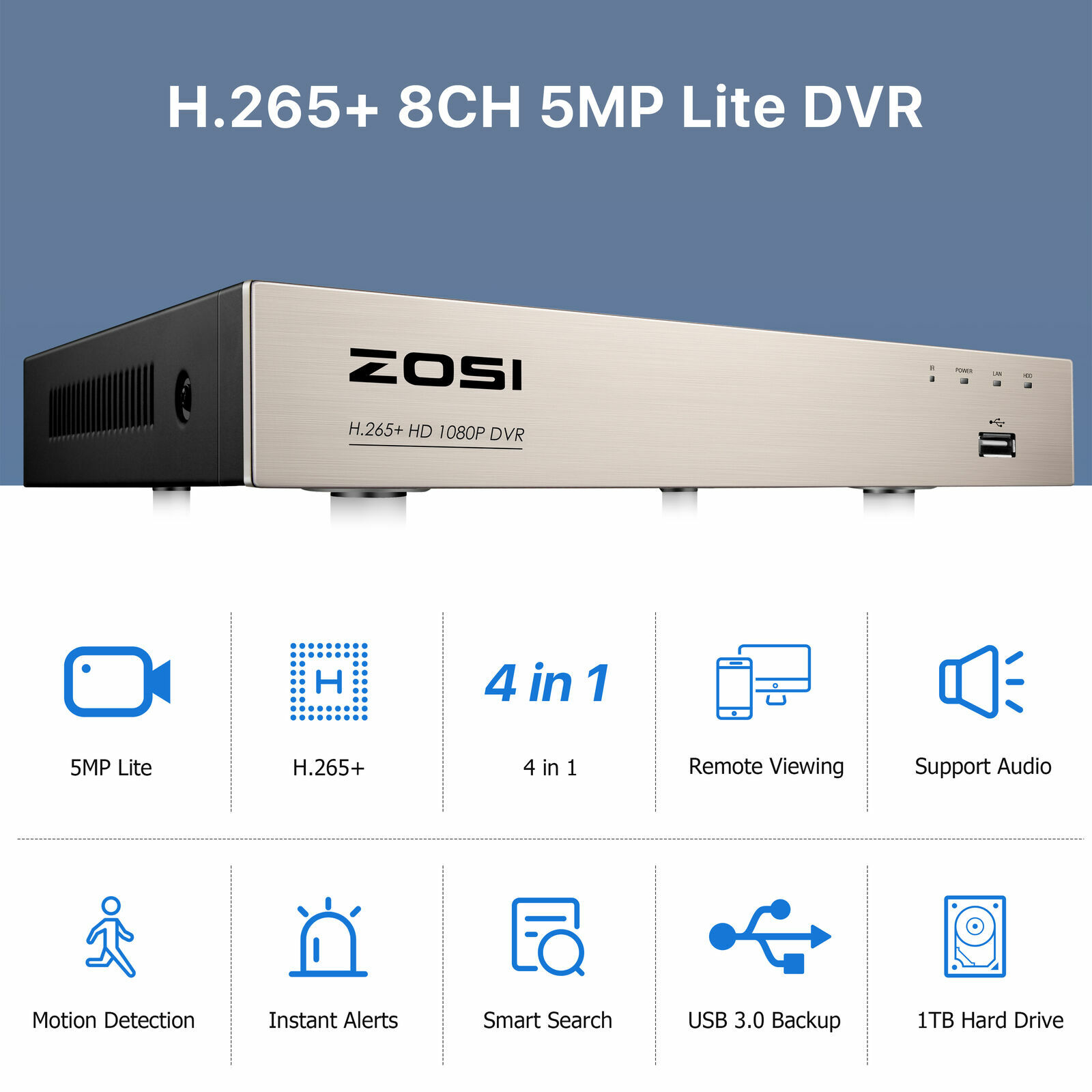 ZOSI H.265+ 8CH 5MP Lite DVR 2 1080p Outdoor Security Camera System 1TB HDD