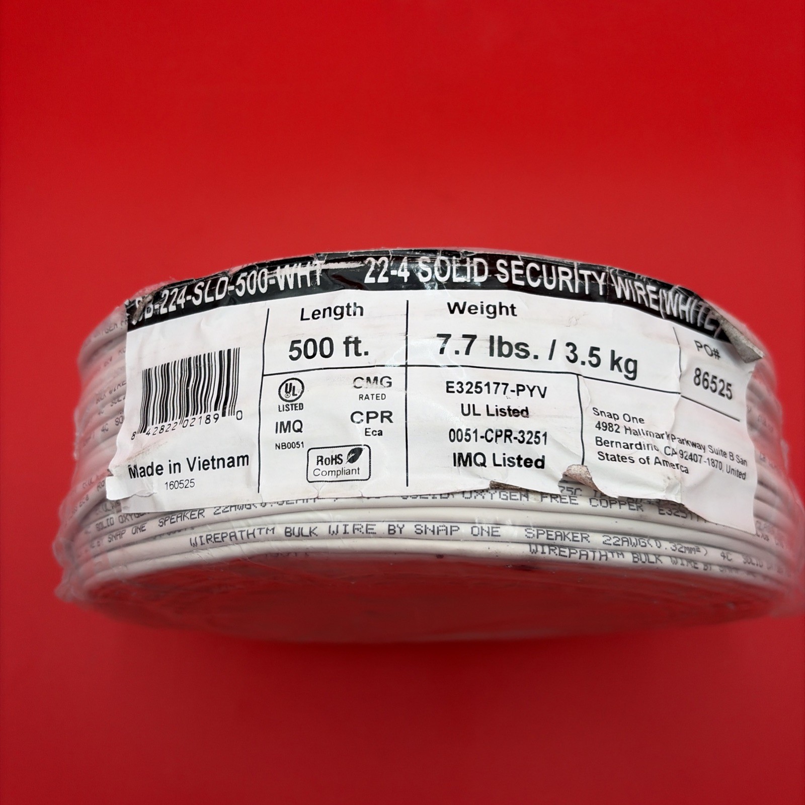 500′ SnapAV 22-Gauge 4-Conductor Solid CMG-Rated Security Wire 7.7 lbs.