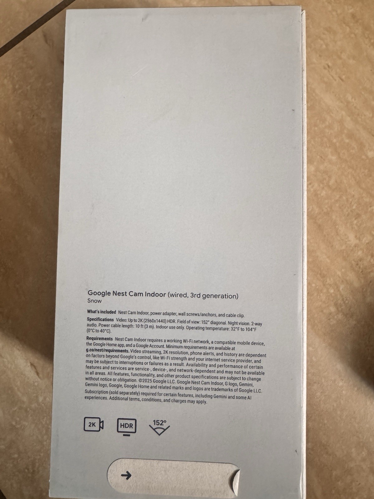 Google Nest Cam Indoor 2K Wired 3rd Gen Security Camera with Gemini Snow New