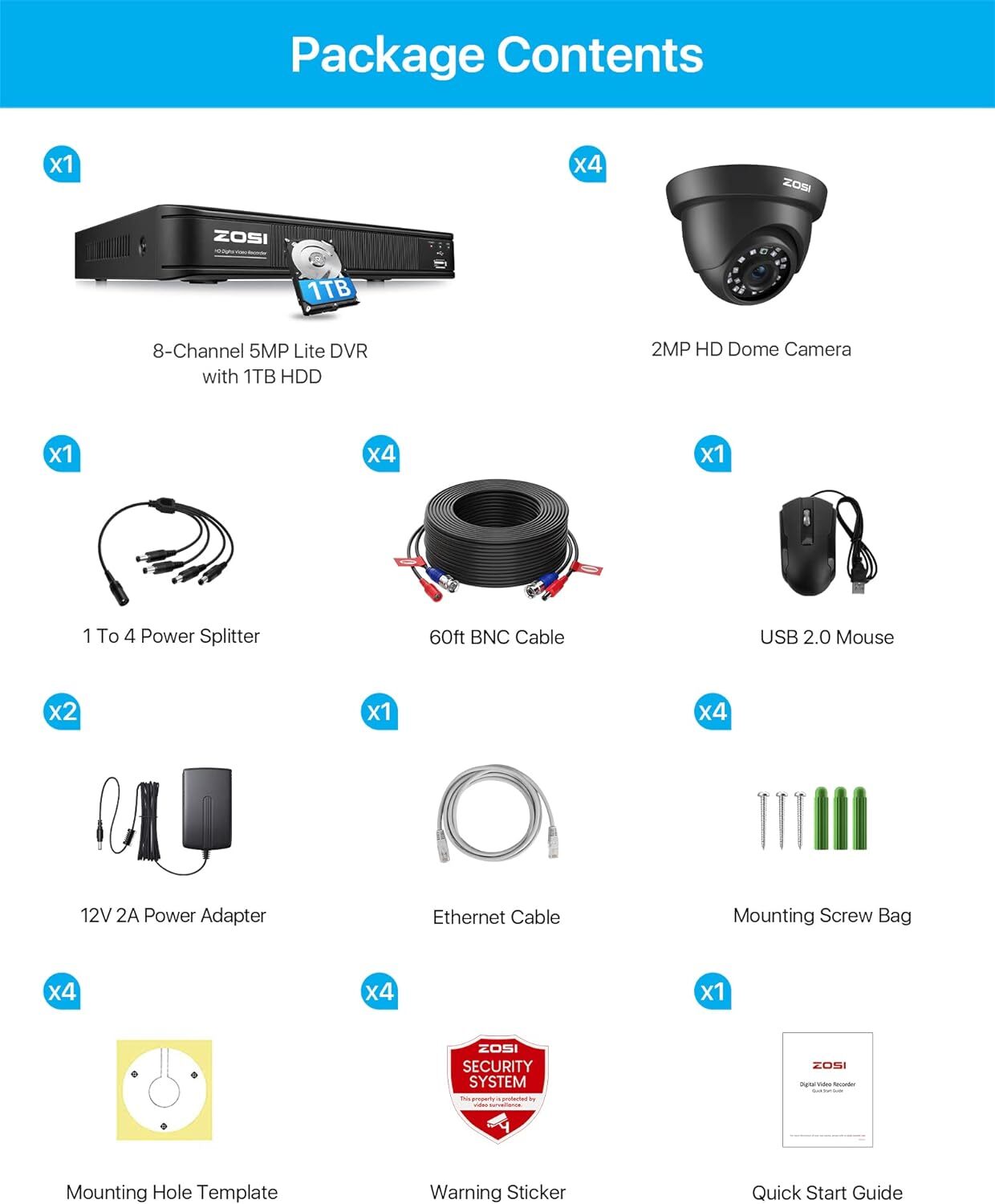 ZOSI H.265+ 8CH HD 1080P Home DVR Outdoor CCTV Security Camera System 0-1TB HDD