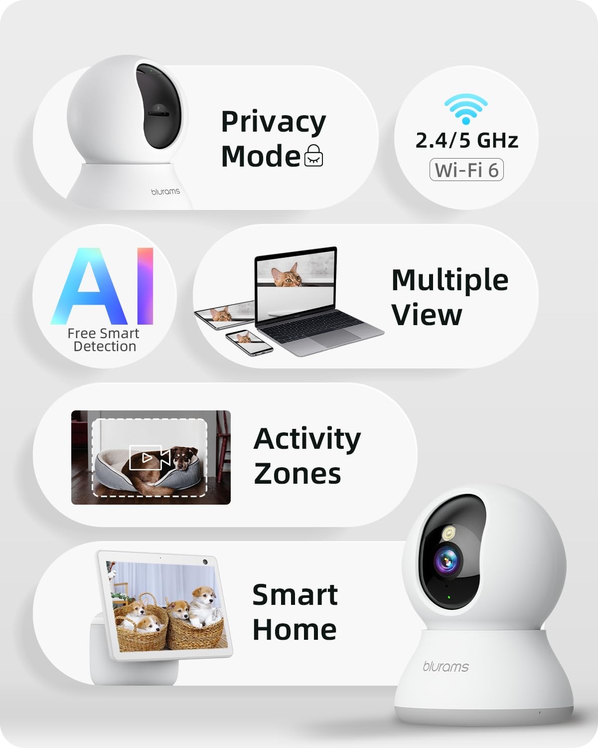 blurams 5G Cameras for Home Security, 2K Pet Camera with Grey – 2.4GHz/5GHz