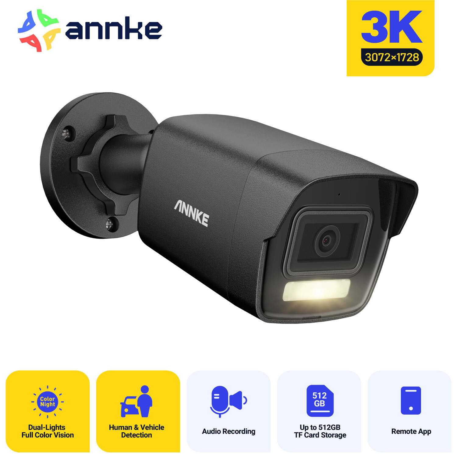 ANNKE 3K 5MP PoE Security IP Camera C500P Audio Recording AI Color Night Outdoor