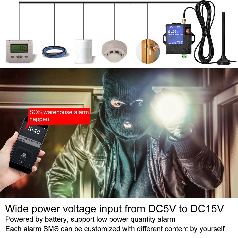 GL09 8 Channel Battery GSM Alarm System SMS Alert Security For Home Warehouse Bl