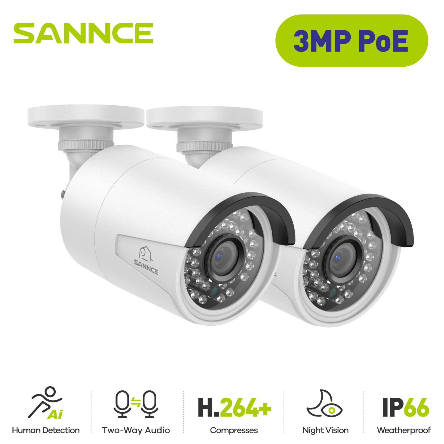 SANNCE 2x 3MP POE Security IP Camera 2-Way Audio Recording Outdoor Night Vision