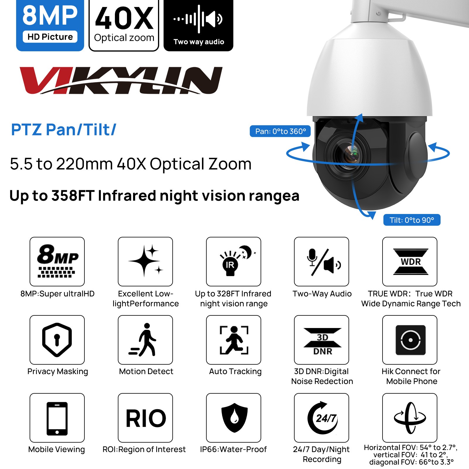 VIKYLIN 8CH 8POE NVR 40×ZOOM 360° IR100M 8MP PTZ Camera System Auto Tracking Lot
