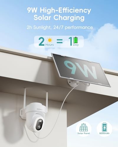24/7 Recording Solar Security Cameras Wireless Outdoor, 9W 2.4GHz WiFi-1-Pack