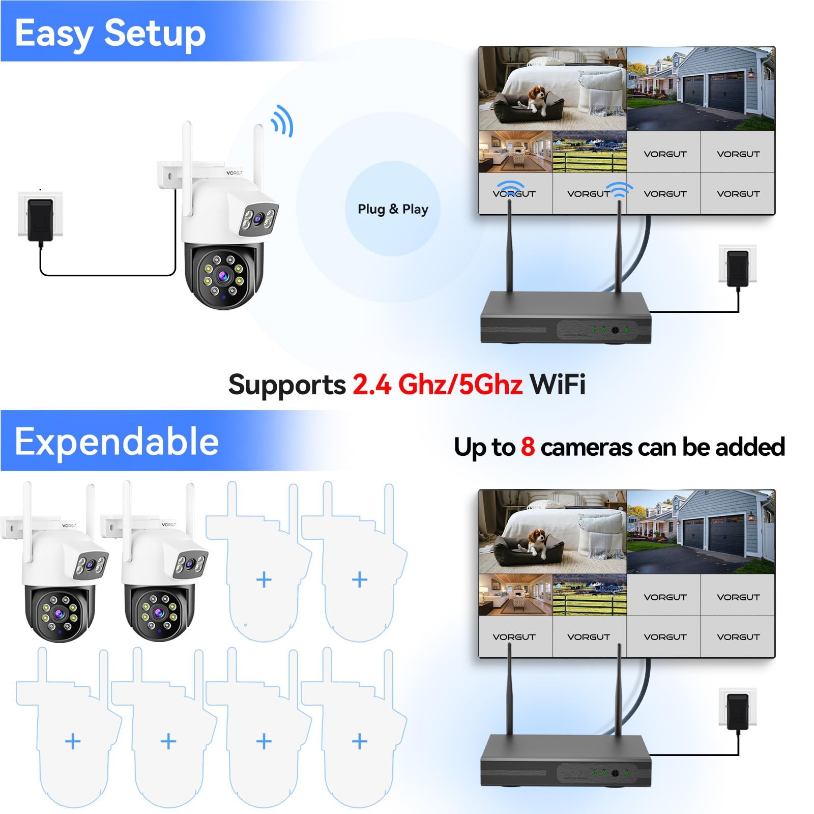 VORGUT Wireless Security Camera System Outdoor, 2pcs 2K Dual Lens PTZ Black