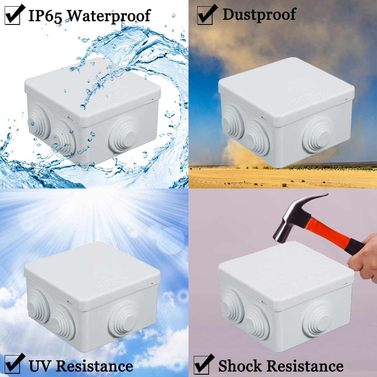 Sunnyglade ABS Plastic Electrical Junction Box IP55 3.4″x3.4″x2″, White