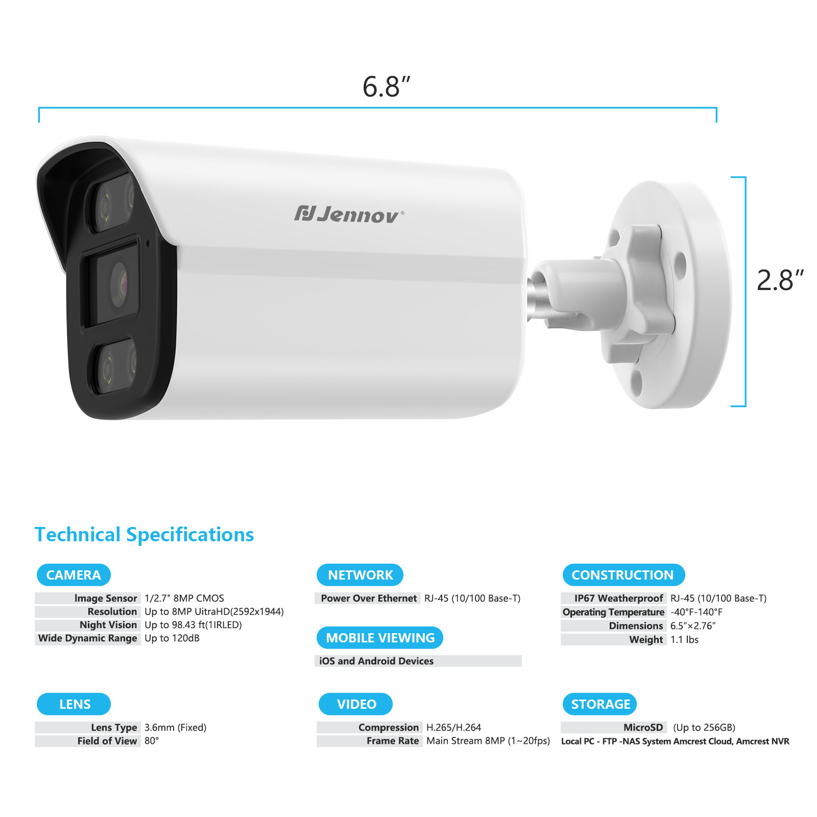 Jennov 8MP PoE Security Camera Audio A95 IP Network Outdoor Human Detection IP66