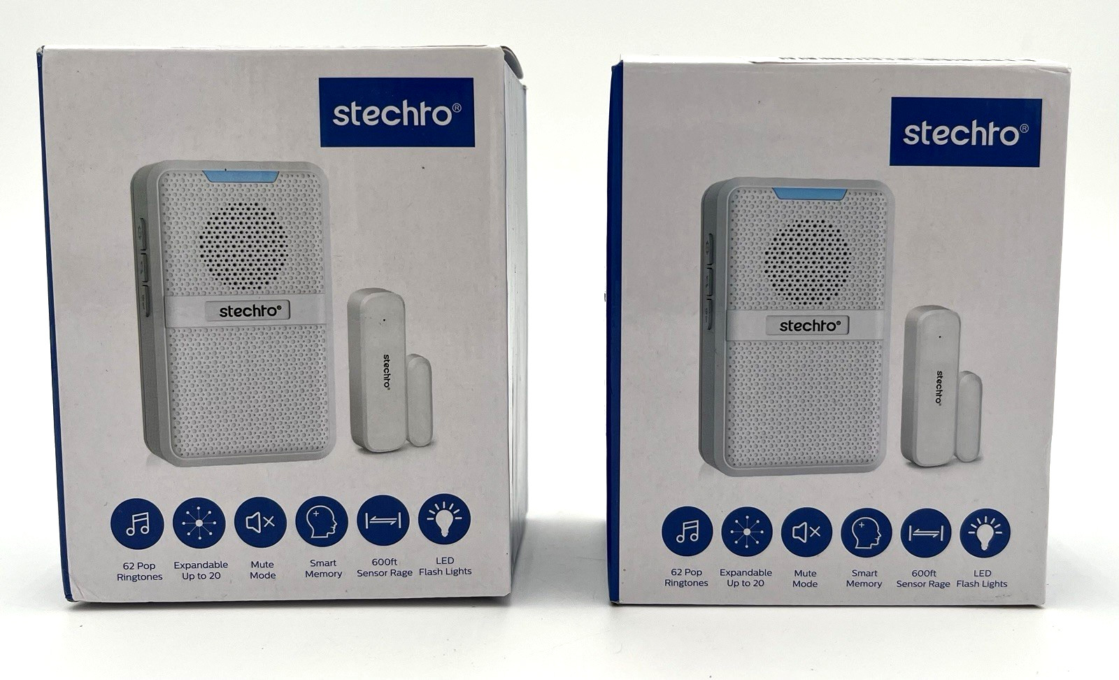 Lot of 2 – Stechro Wireless Door/Alarm Chimes – 600′ Range/62 Tones – White -NEW
