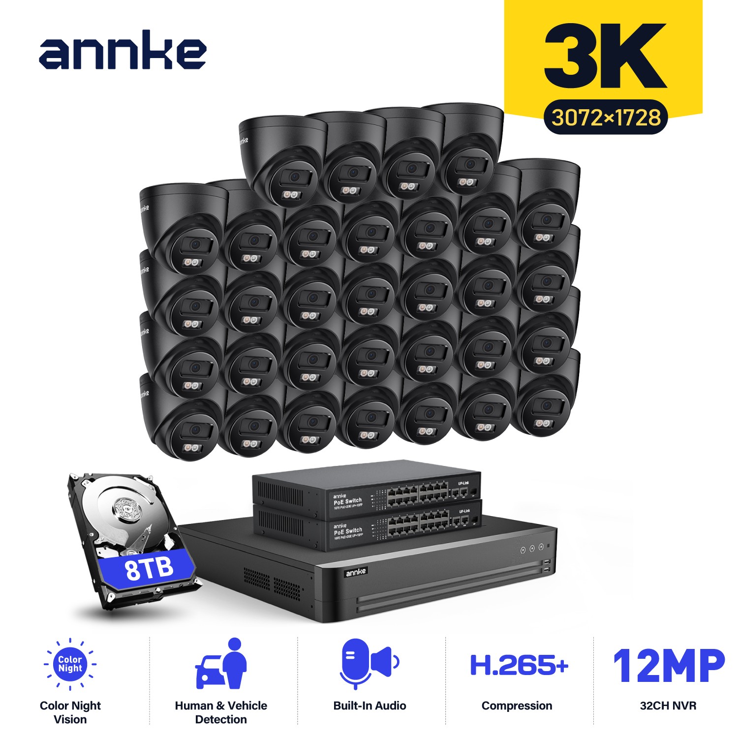 ANNKE 32CH 12MP NVR 3K Color POE Security Camera System Audio Recording AI CCTV