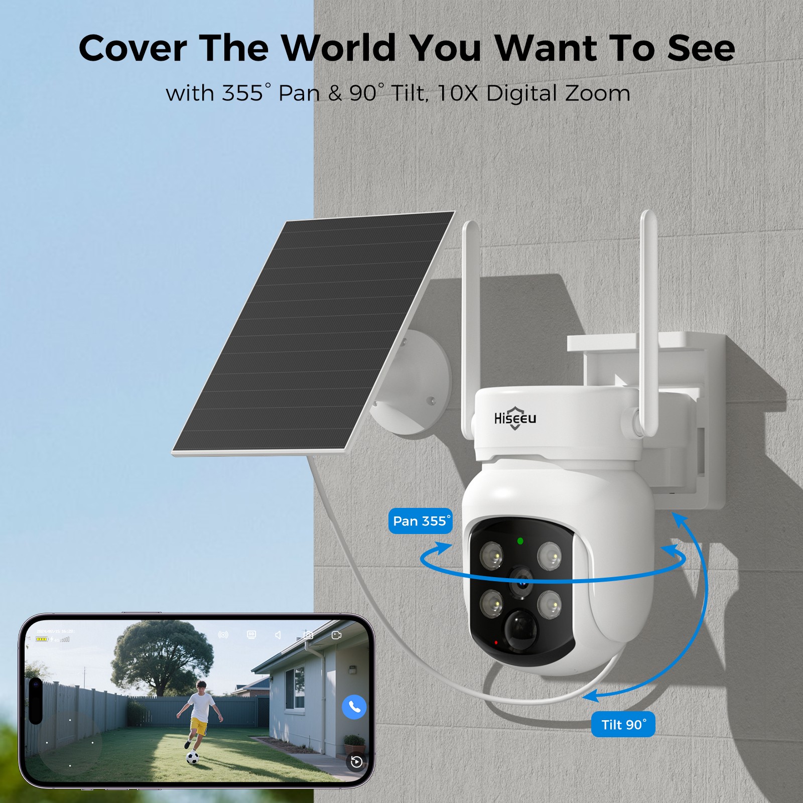 Hiseeu WIFI Solar Battery 4MP Wireless PTZ Security Camera Outdoor PIR Detection