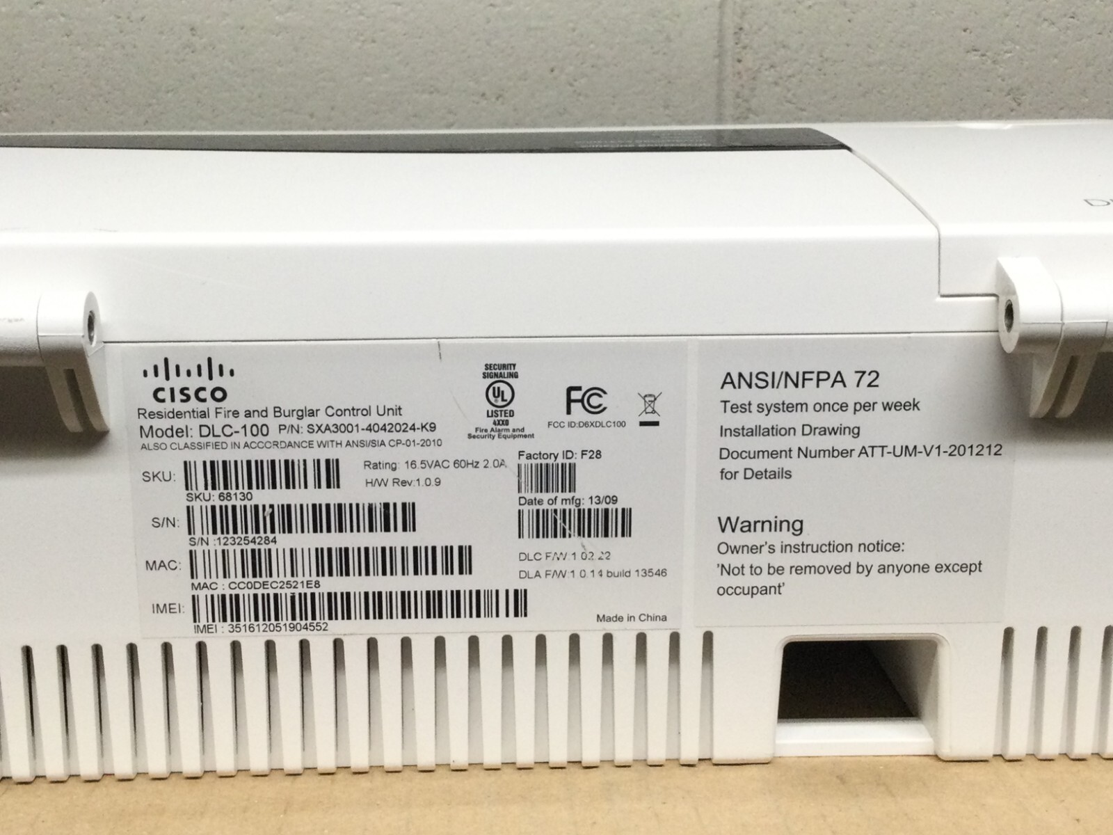Cisco/AT&T Residential Fire and Burglar Control Unit DLC-100