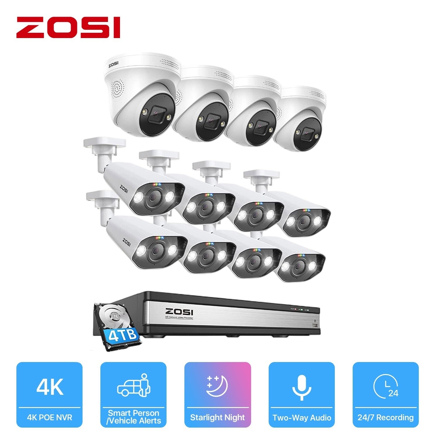 ZOSI 4K 16CH NVR 5MP/8MP IP Home POE Security Camera System AI Face Alerts Audio
