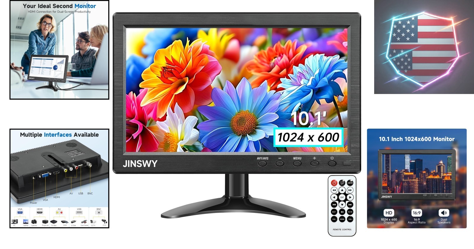 10.1″ Security Monitor, 1024×600 HD Display, HDMI VGA BNC AV USB Ports, Small…