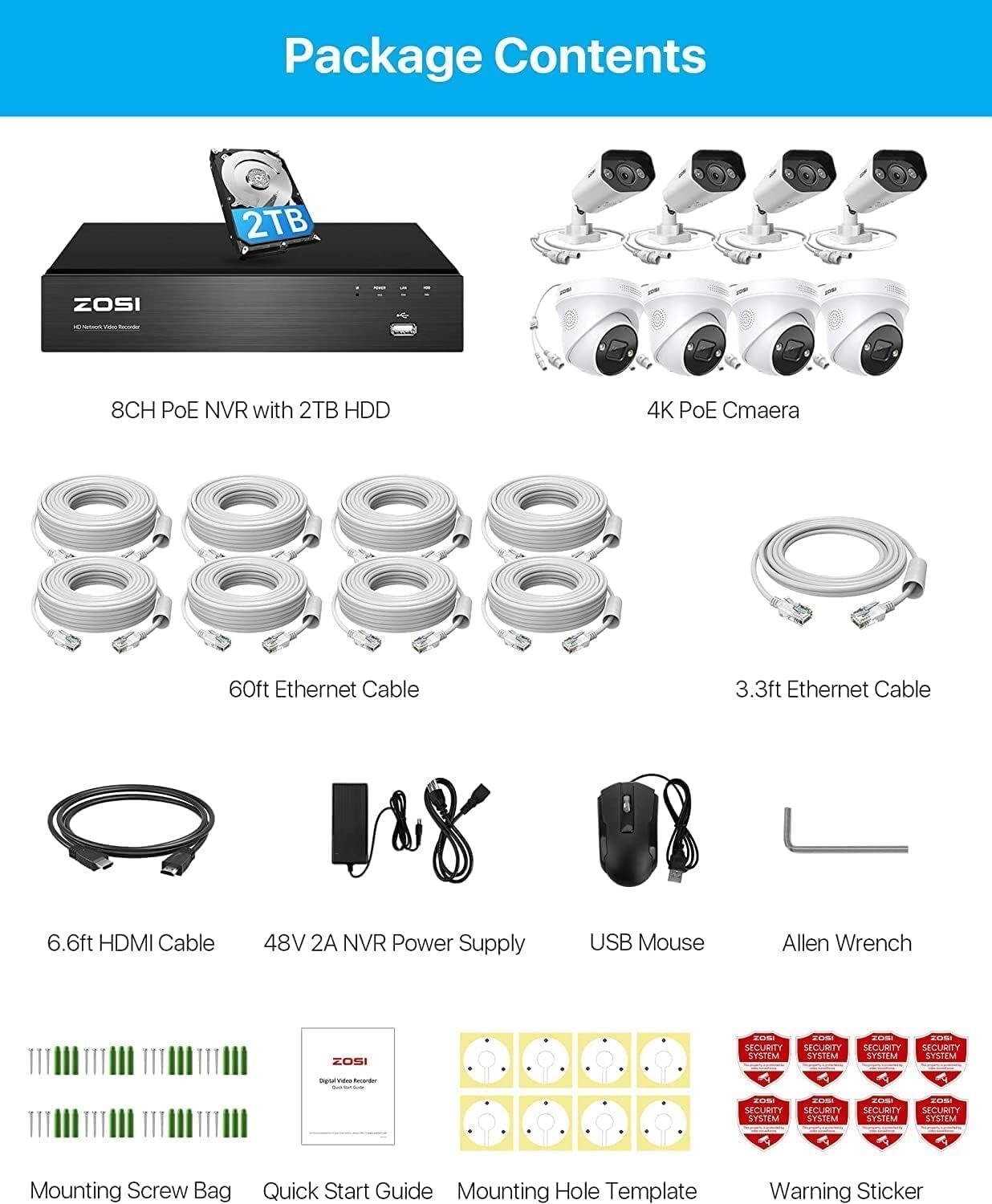 ZOSI 8CH 4K 8MP PoE Security Camera System NVR with 2TB HDD AI Human Detection