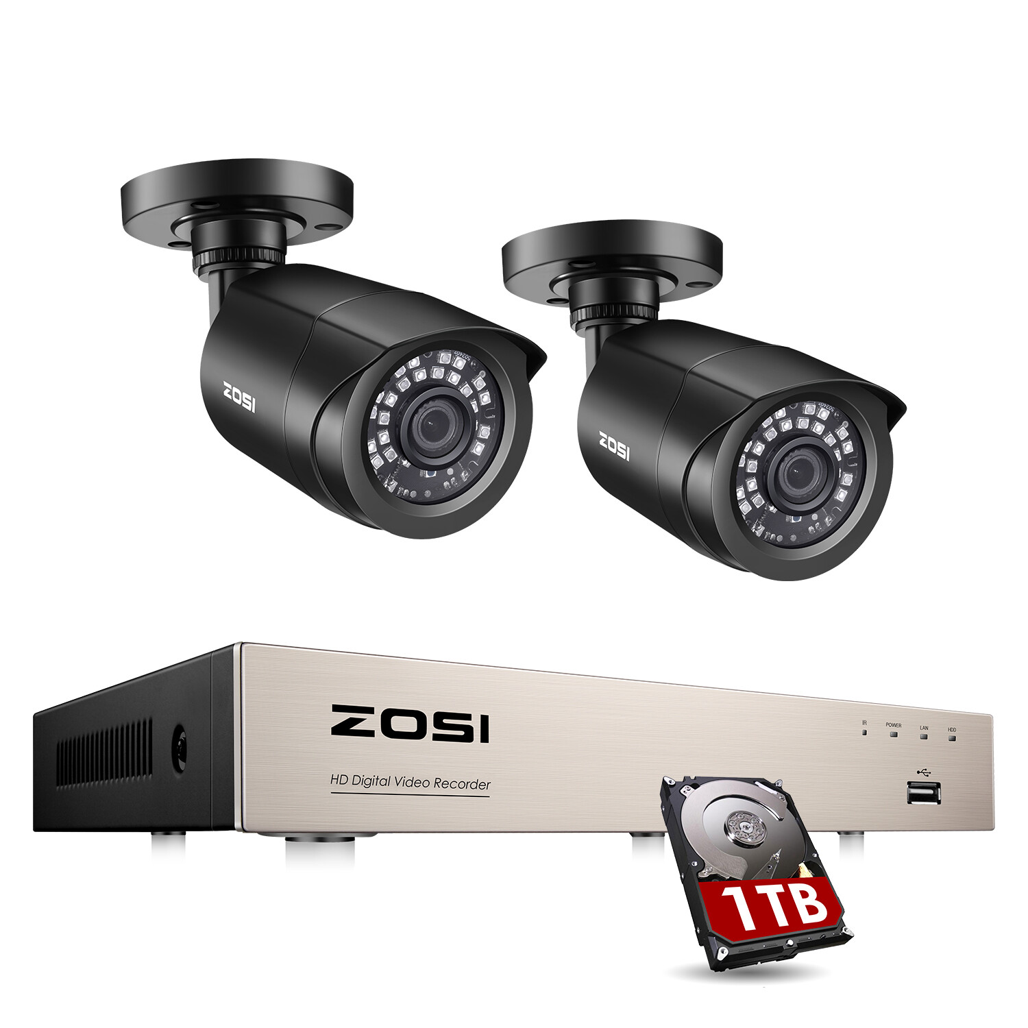 ZOSI H.265+ 8CH 5MP Lite DVR 2 1080p Outdoor Security Camera System 1TB HDD
