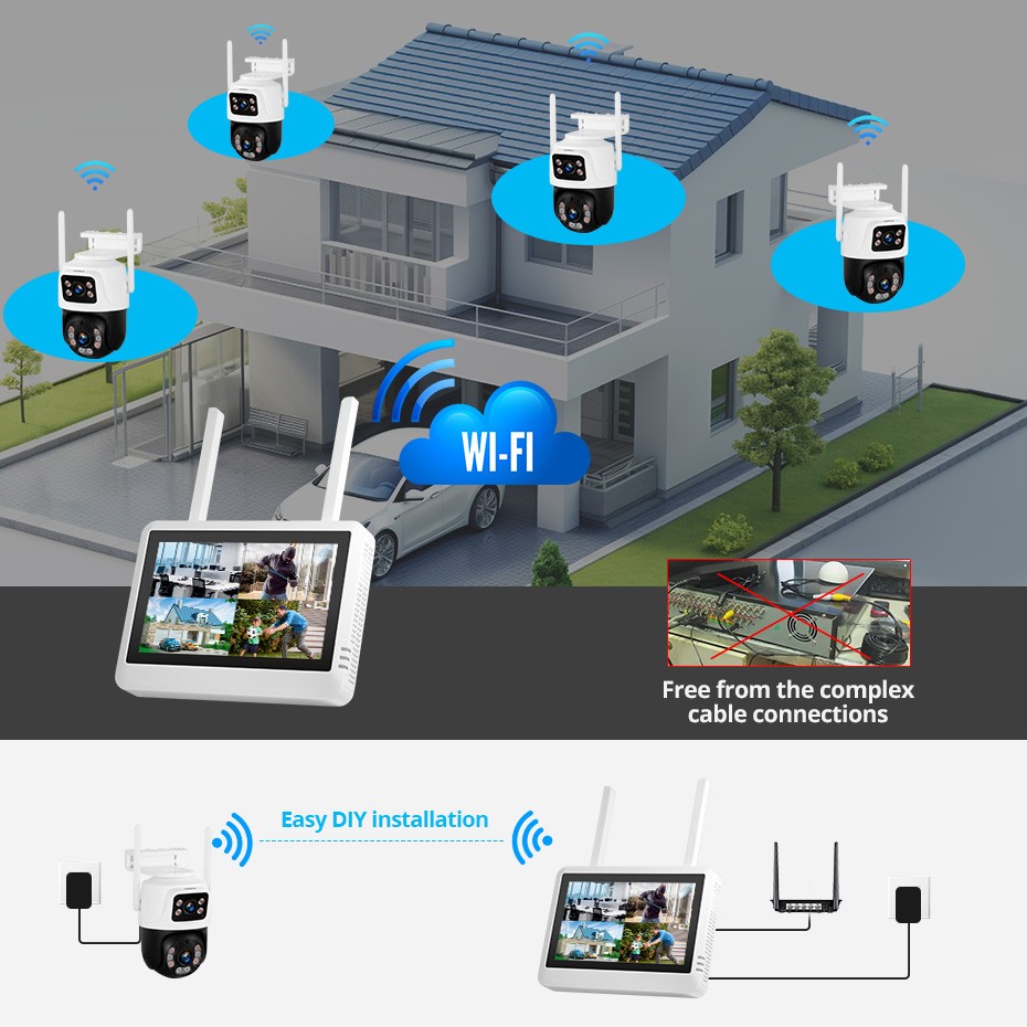 WiFi Wireless Camera Security Package H.265+ 7 Inch Screen NVR Mobile Access Kit