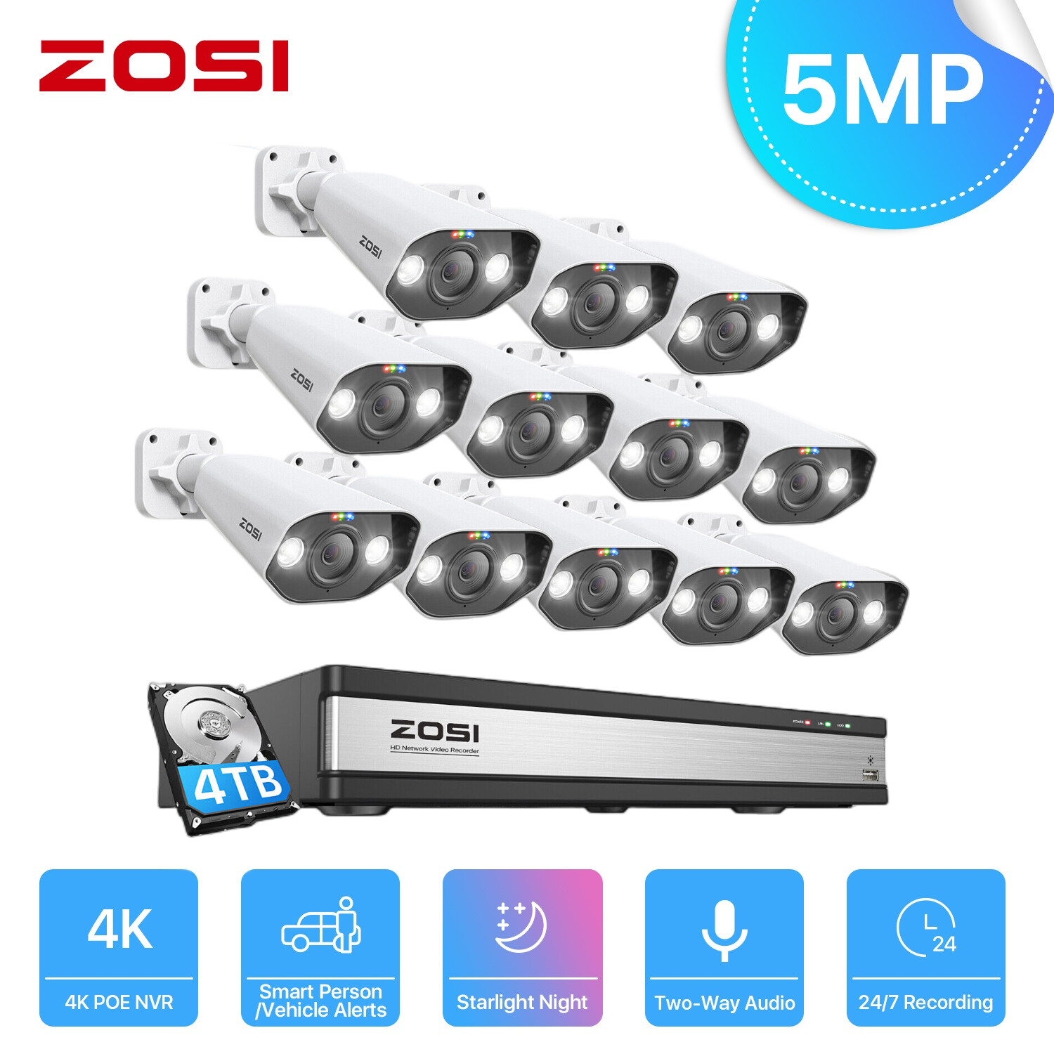 ZOSI 8CH/16CH 4K NVR 5MP POE Security Camera System AI Human Car Detect IR Audio