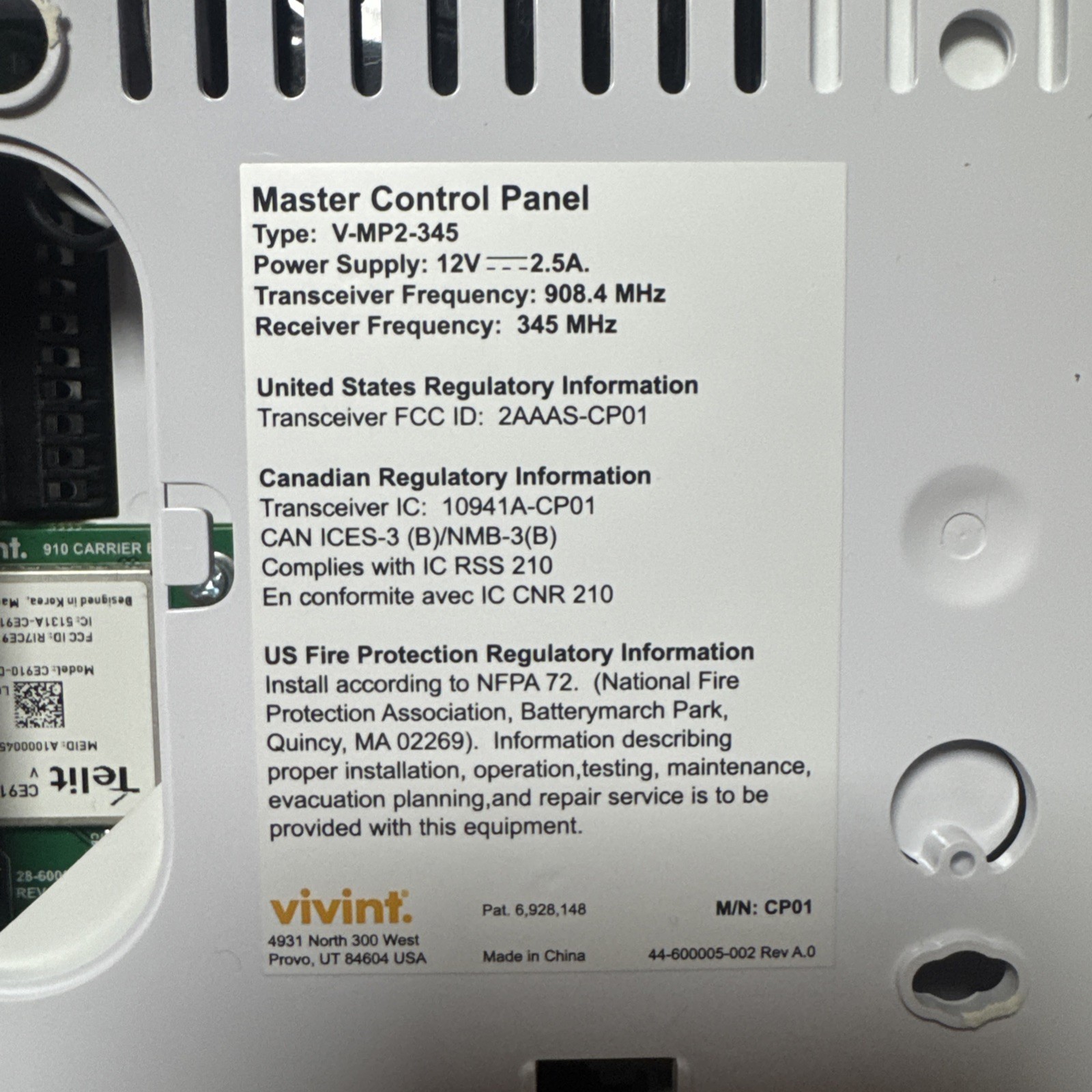 Vivint Smart Home VMP2345 Master Control Panel Security Untested