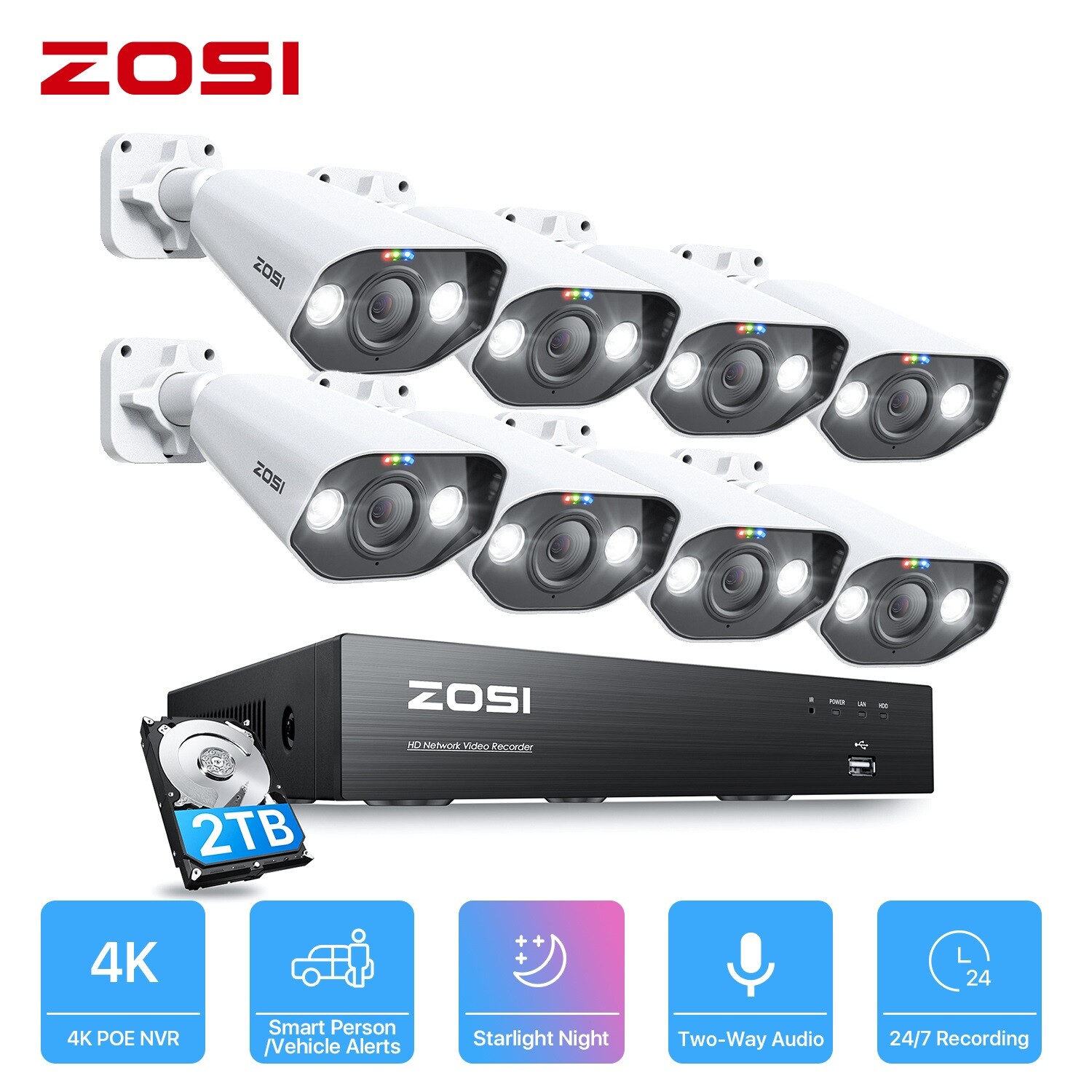 ZOSI 8CH 4K 5MP/8MP POE Security Camera System NVR CCTV Audio AI Detect IR Night