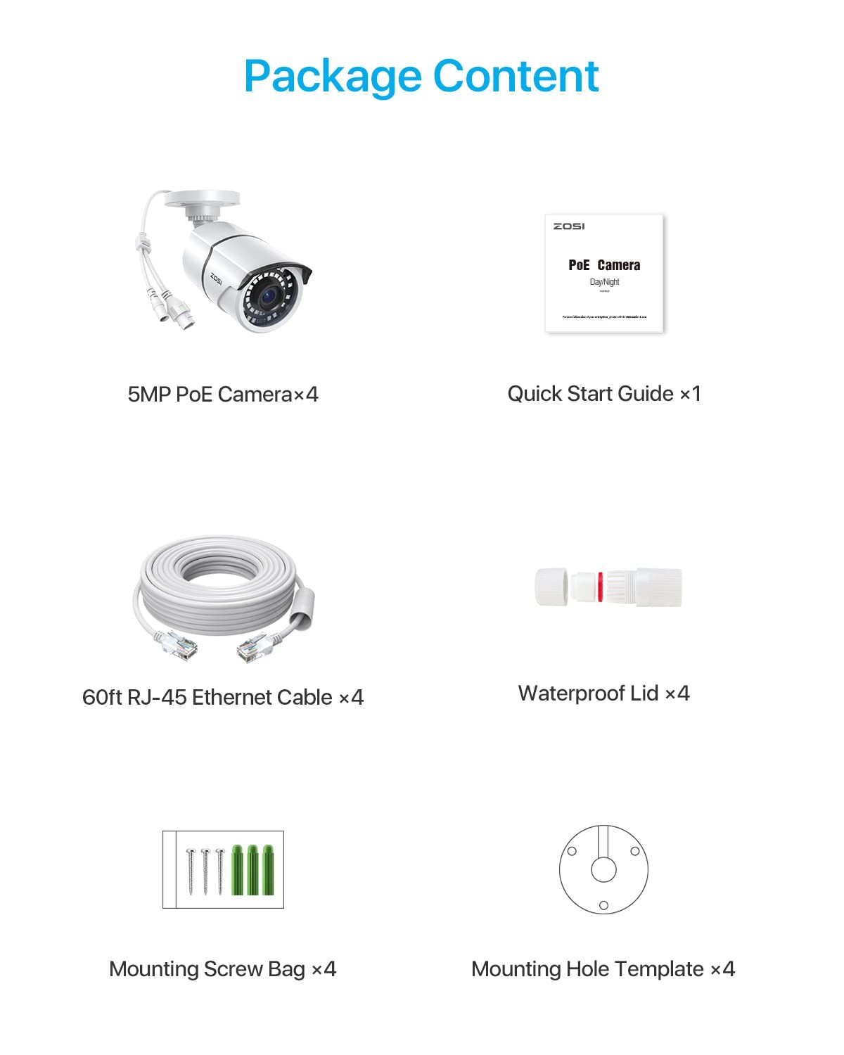 ZOSI 4PK 5MP Add-on POE Security Camera with Ethernet 4Cam, POE-4Cam
