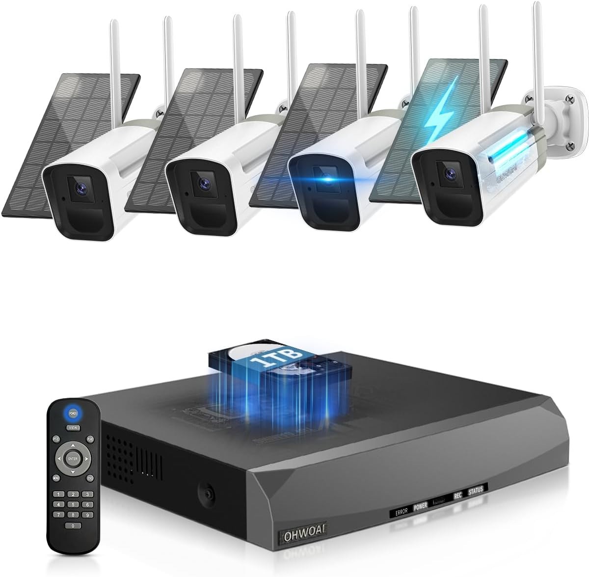 OHWOAI Wireless, Solar, 4 MP Security System (4 Cameras & 1 TB HDD)