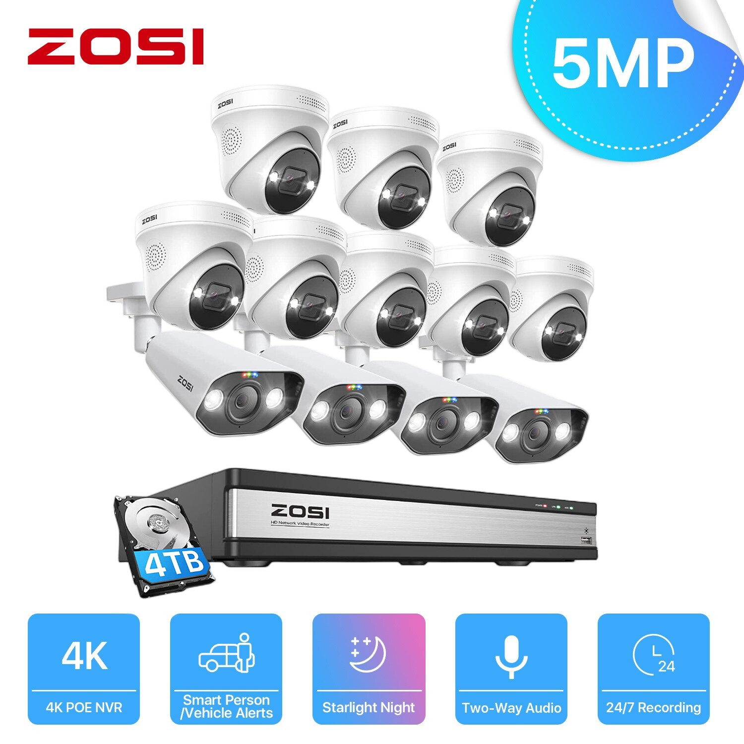 ZOSI 8CH/16CH 4K NVR 5MP POE Security Camera System AI Human Car Detect IR Audio
