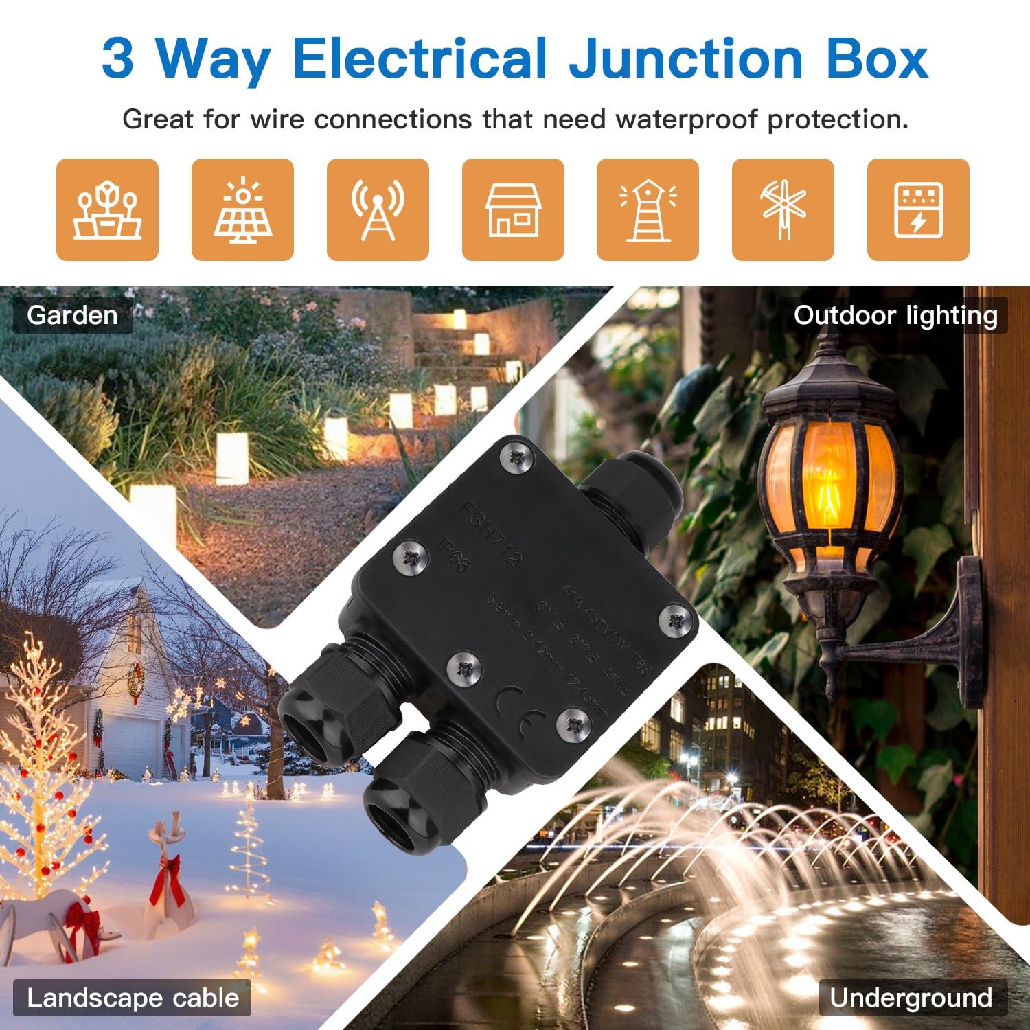 Helunsi 2 Pcs Waterproof Junction Box 3 Way, IP68 Small, Black-2 Pack
