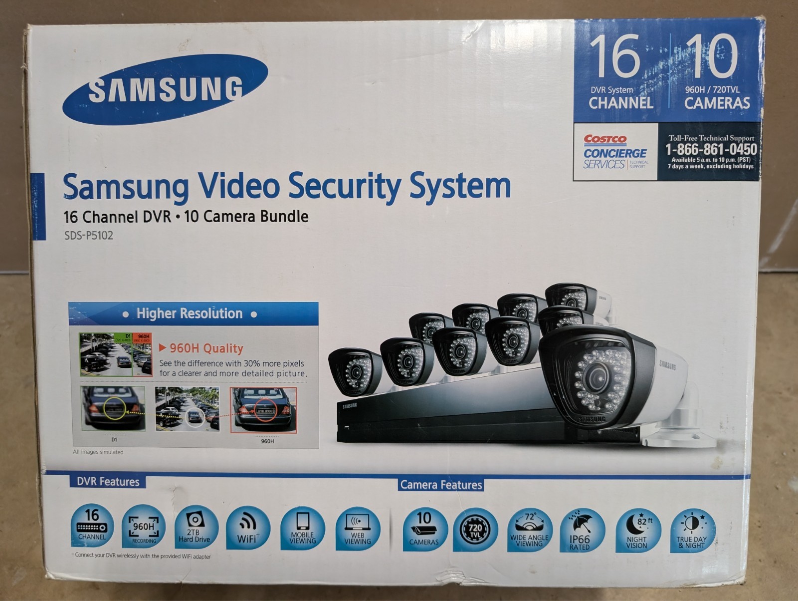 Samsung Video Security System 16 Channel DVR 10 Camera Bundle SDS-P5102 2TB, NEW