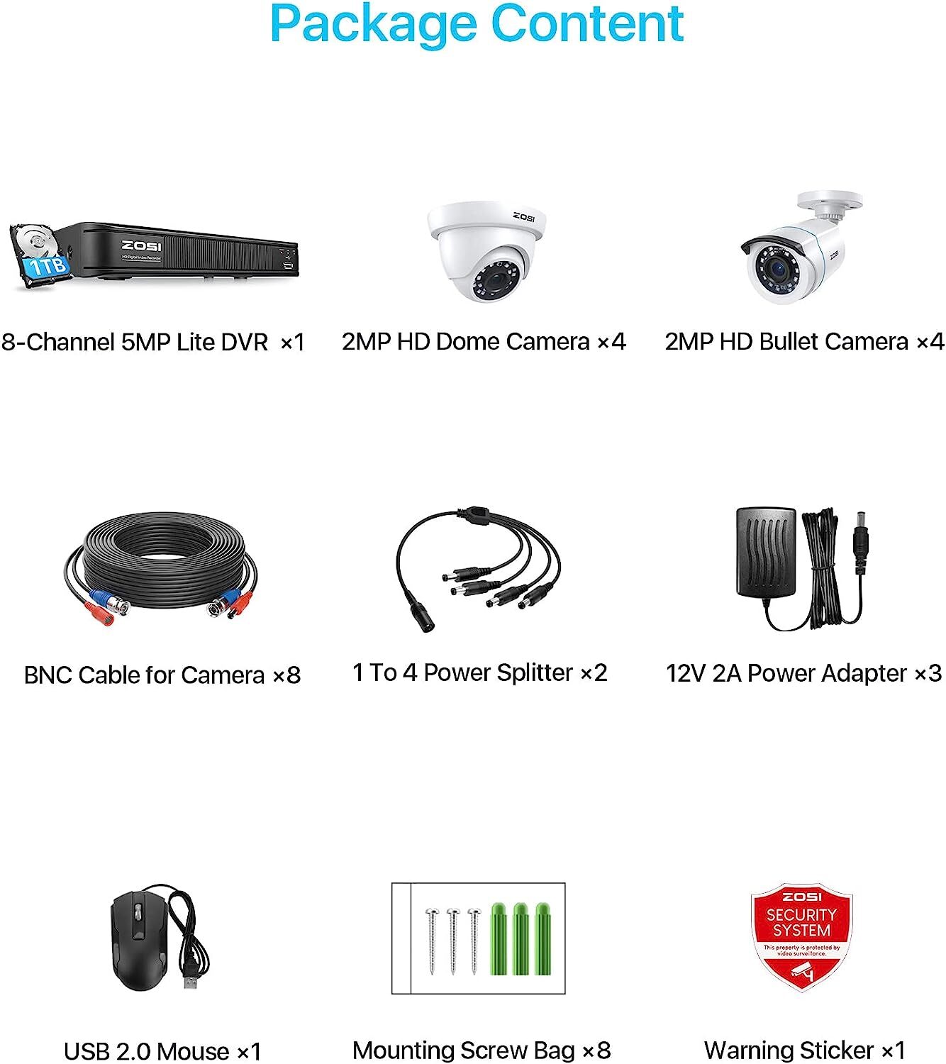 ZOSI H.265+ 1080p Home Security Camera System Outdoor 5MP Lite 8CH Wired DVR 1TB