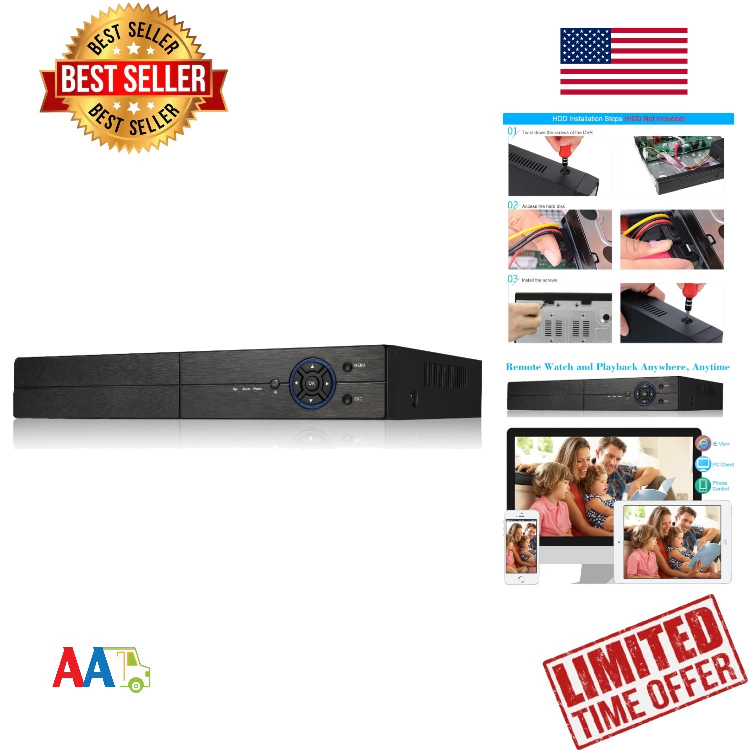 8CH Hybrid DVR 1080P Security System Supports 5MP AHD TVI CVI CVBS