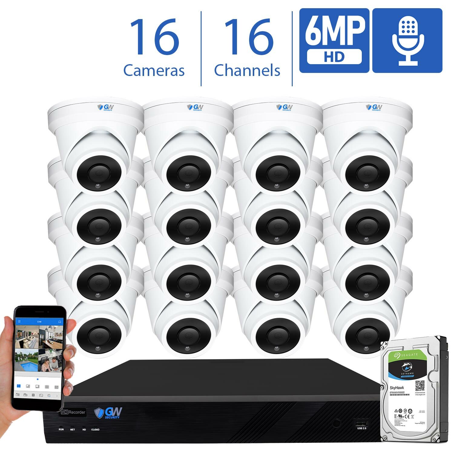 16CH NVR 16 X 6MP PoE IP 3.6mm Lens Microphone Turret Security Camera System 4TB