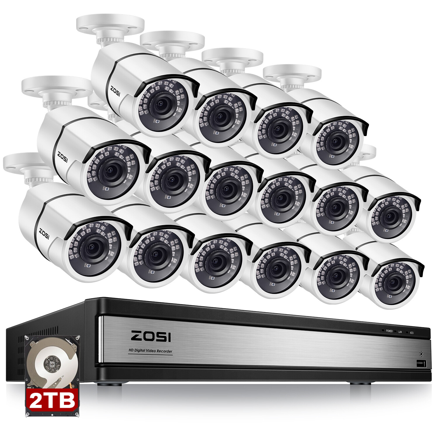 ZOSI 16CH H.265 1080P Outdoor Security Camera System 2TB HDD 16 Channel 4in1 DVR