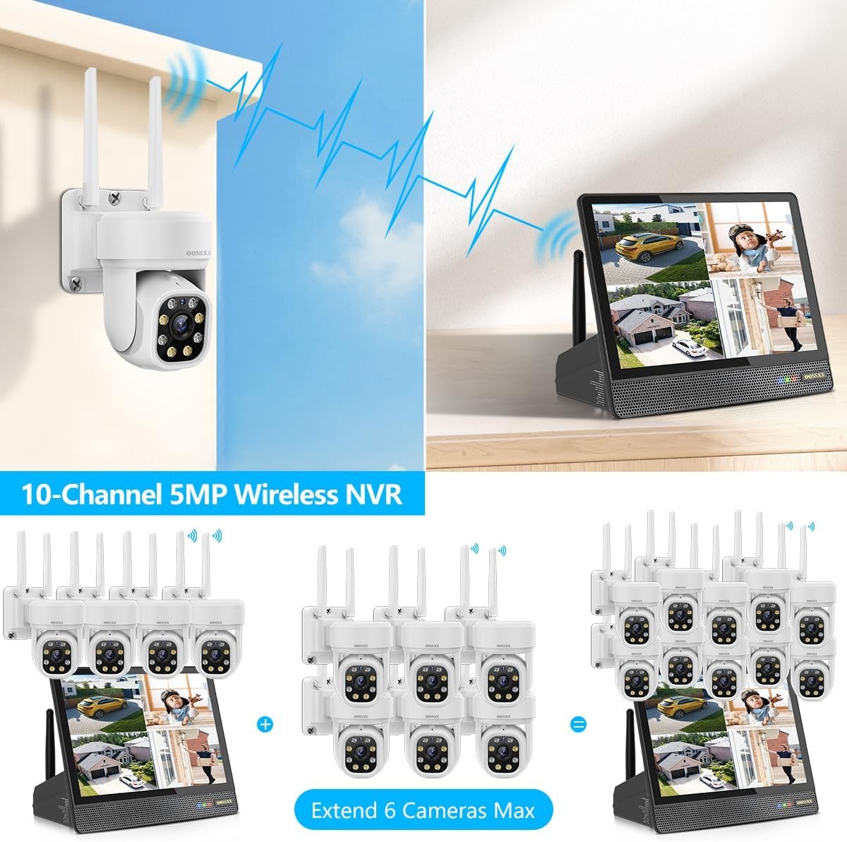 (2026 New) 10CH Wireless NVR Recorder with 10″ IPS Monitor No HDD, 5MP Dual-Band