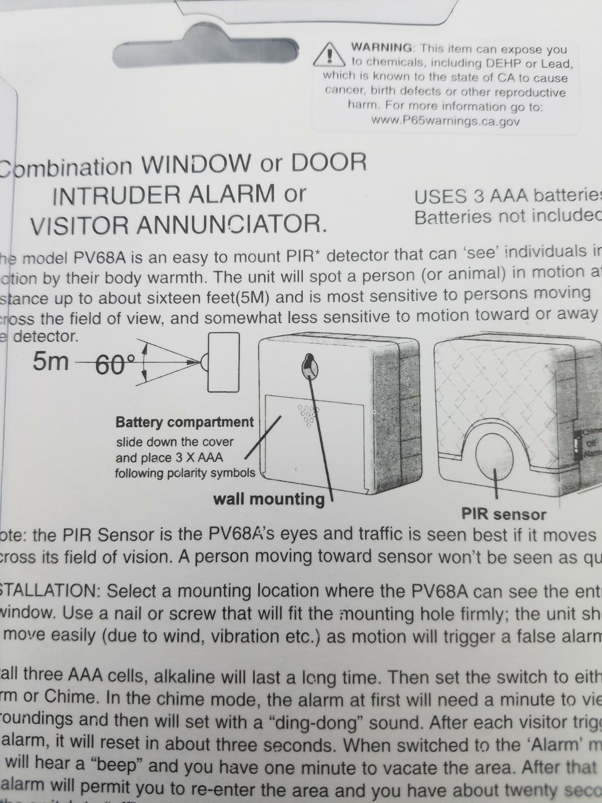 Philmore PV68A Wireless PIR Entrance Door Bell Chime Annunciator, Intruder Alarm