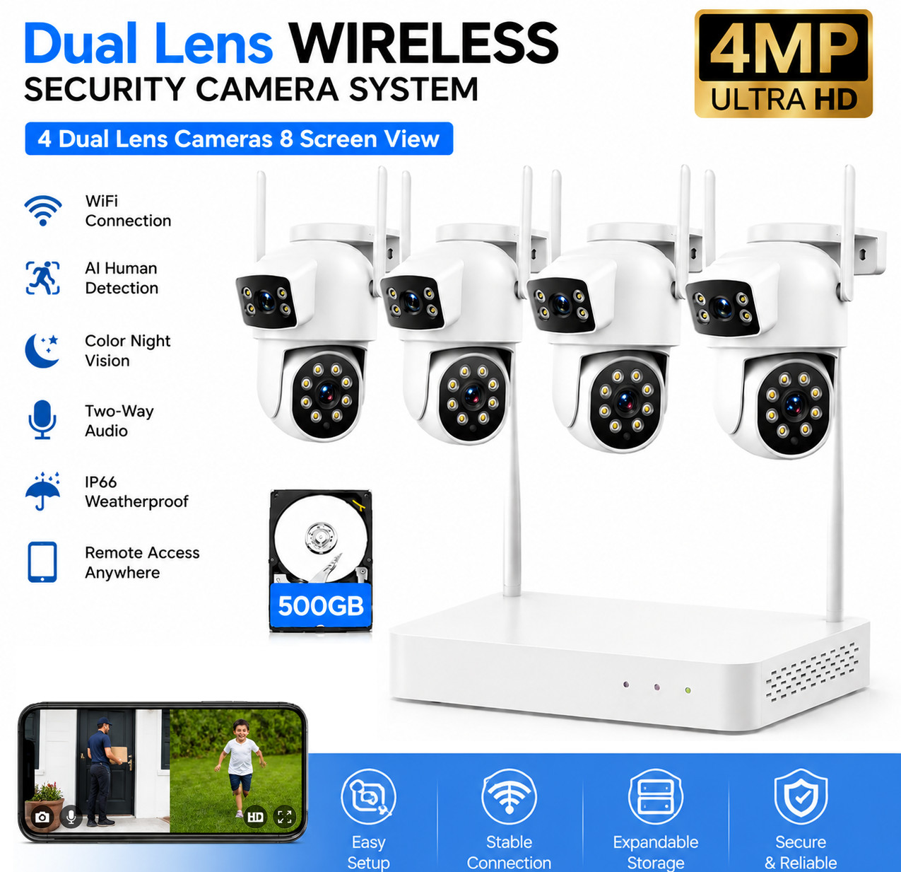10CH NVR WIFI IP Camera Outdoor Surveillance Wireless Security System Dual Lens