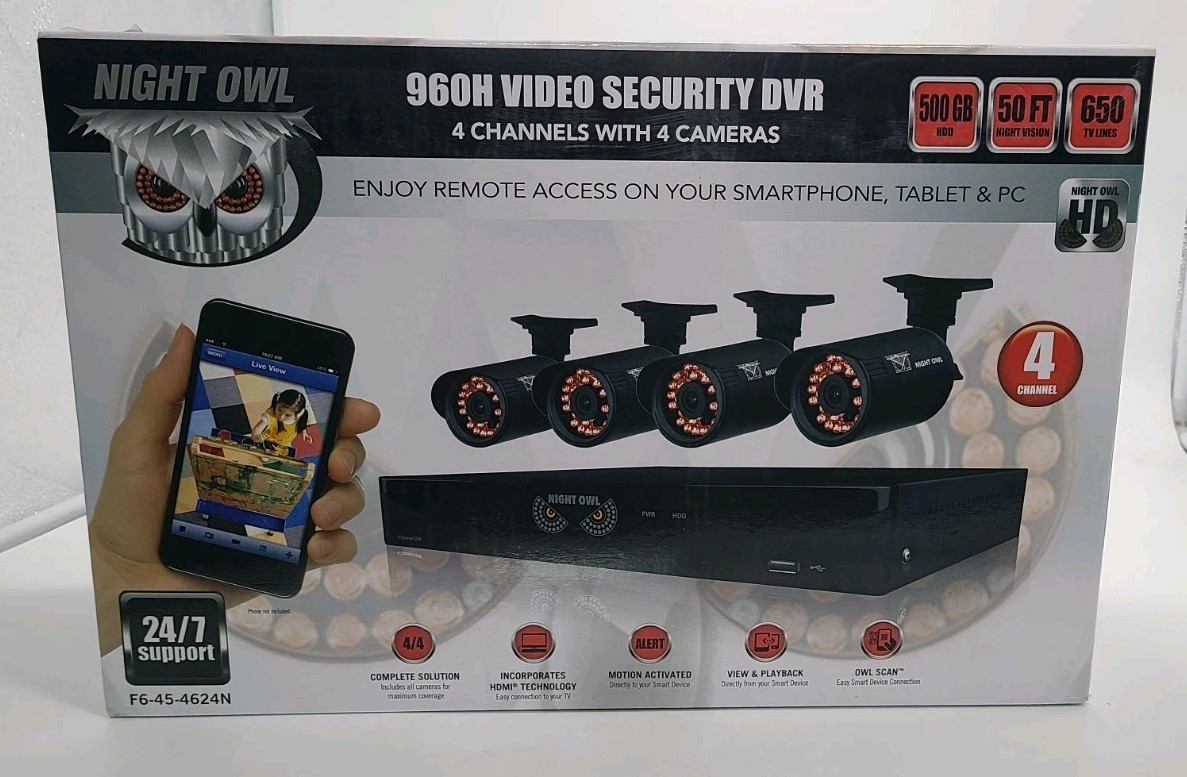 Night Owl 960H Video Security 500GB DVR System 4 Channel 4 Cameras Night Vision