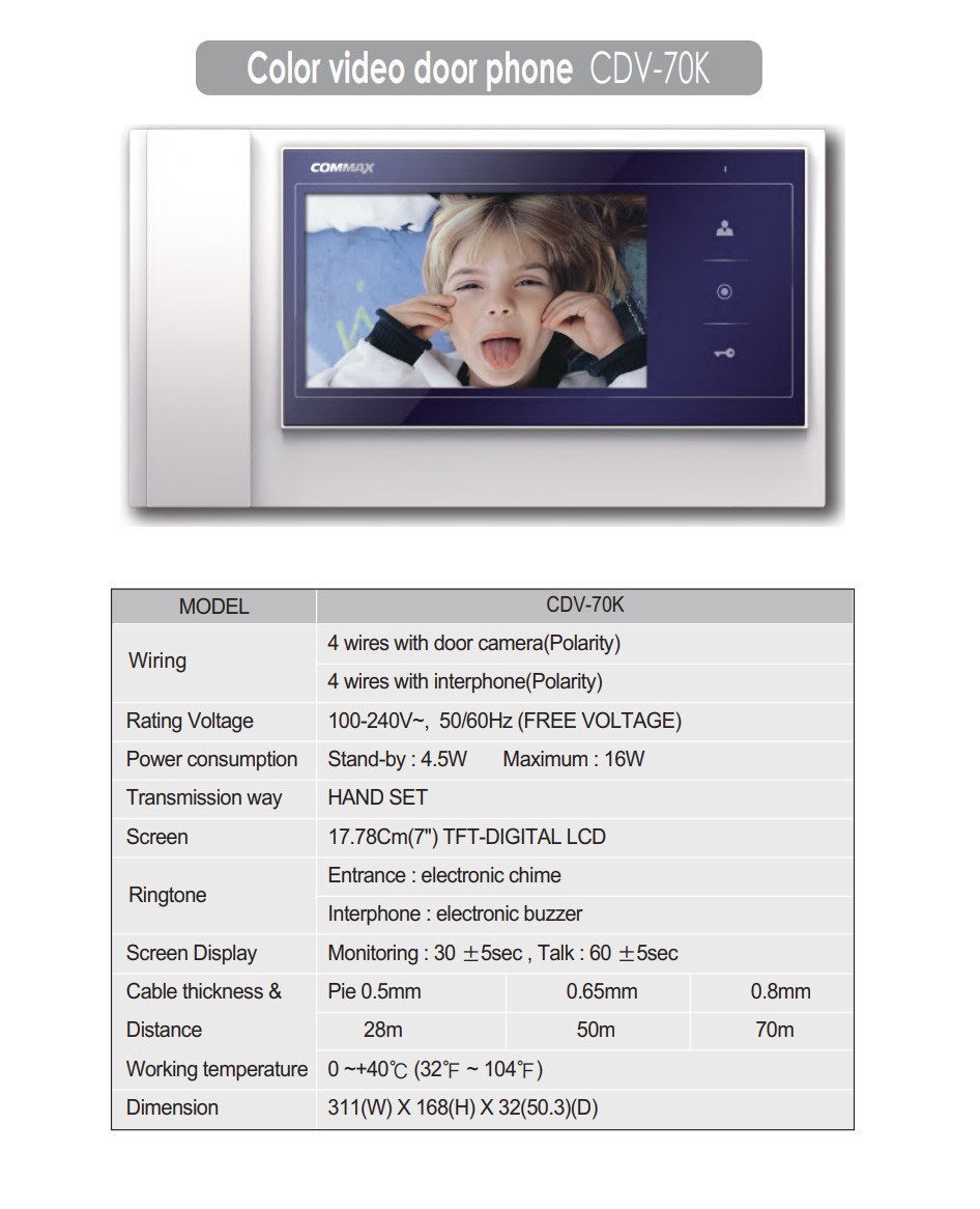 COMMAX 7″ Monitor Video Door Phone System Kit CDV-70K/DRC-40K