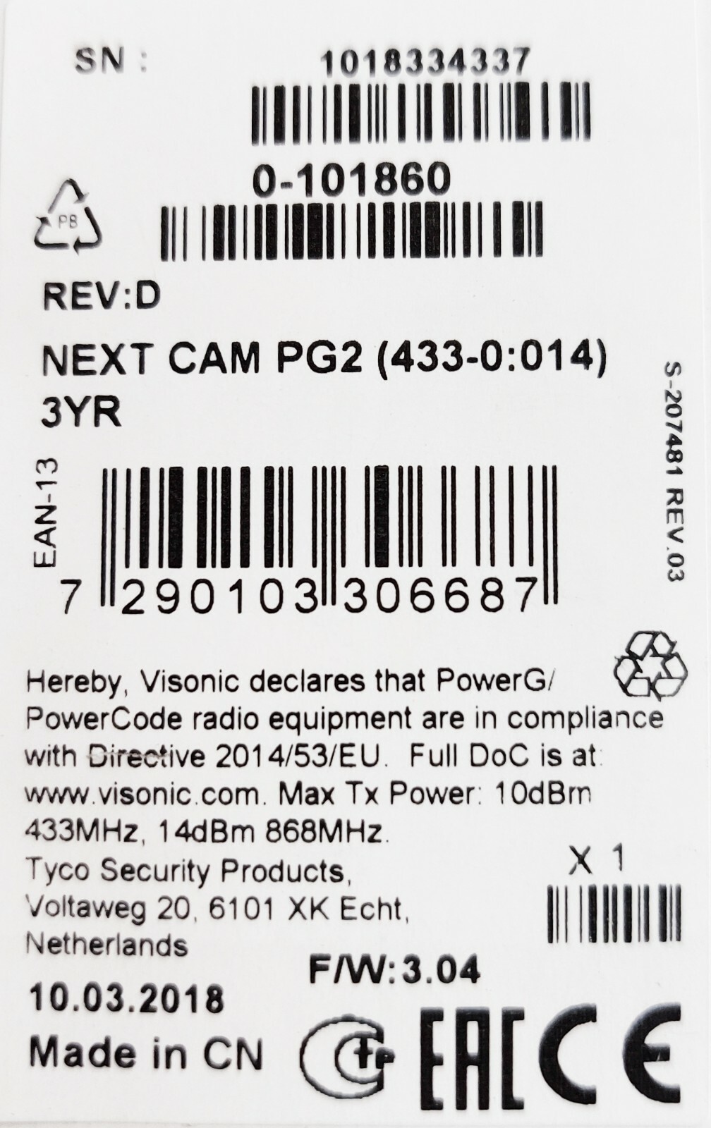 Visonic Next CAM PG2 Wireless Motion Detector w/ Integrated Camera 3 YR Battery