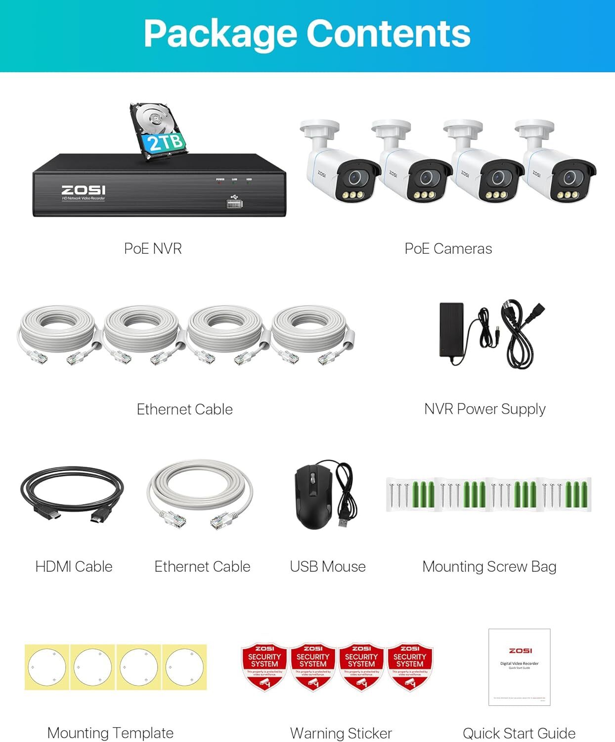 ZOSI 8CH NVR 5MP 3K PoE Security F1.0 Outdoor Camera System Color Night Vision